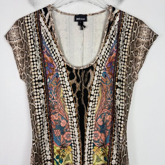 Just Cavalli Mixed Print Cap Sleeve Scoopneck Bodycon Mini Dress Size Medium M - Picture 2 of 11